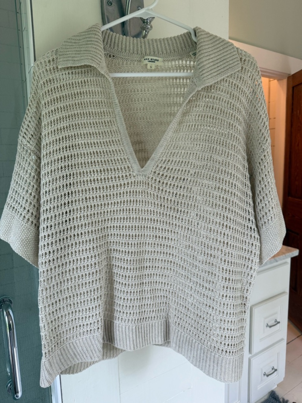 Max Studio Open-Weave Collared Sweater Top in Light Beige